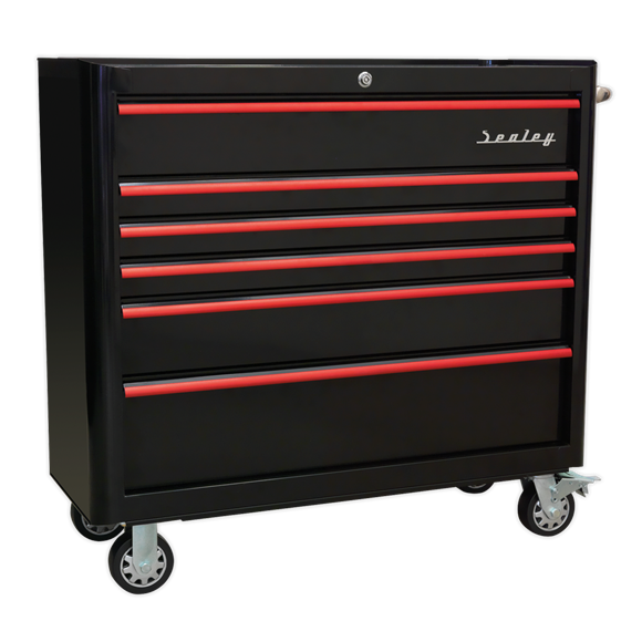 Sealey AP41206BR Rollcab 6 Drawer Wide Retro Style - Black with Red Anodised Drawer Pulls