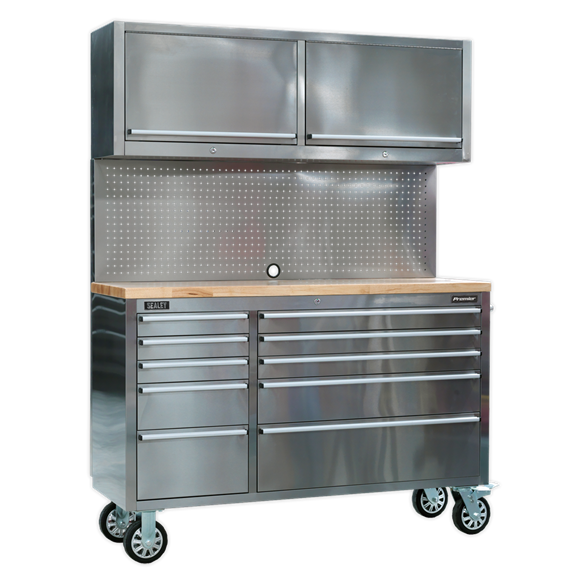 Sealey AP5520SS Mobile Stainless Steel Tool Cabinet 10 Drawer with Backboard & 2 Wall Cupboards