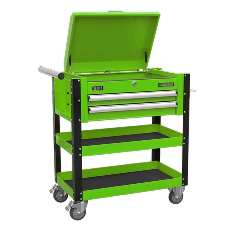 Sealey AP760MHV Heavy-Duty Mobile Tool & Parts Trolley 2 Drawers & Lockable Top - Hi-Vis Green
