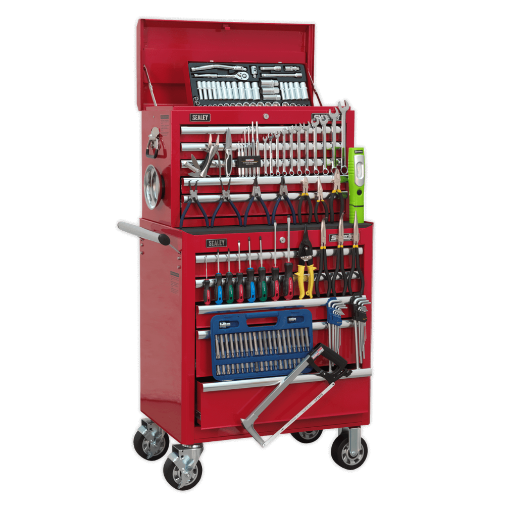 Sealey APCOMBOBBTK55 Topchest & Rollcab Combination 10 Drawer with Ball Bearing Slides - Red & 147pc Tool Kit