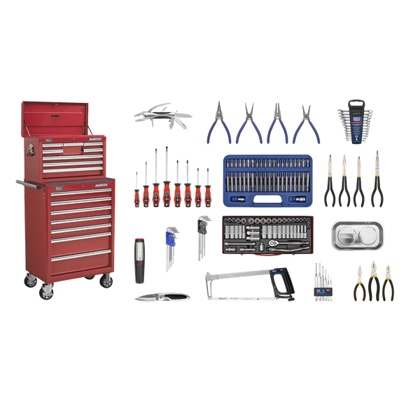 Sealey APCOMBOBBTK57 Topchest & Rollcab Combination 15 Drawer with Ball Bearing Slides - Red & 147pc Tool Kit