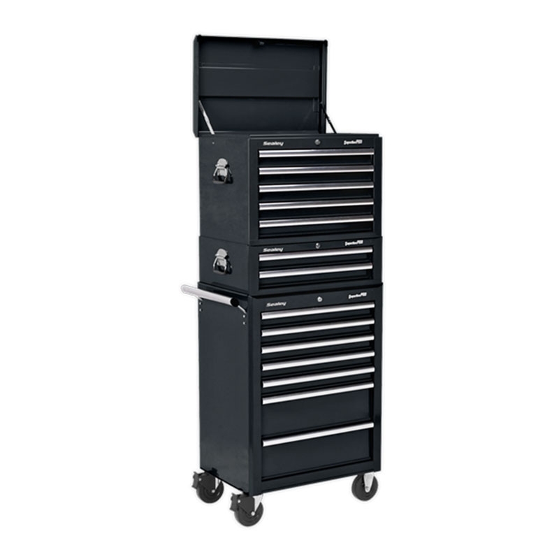 Sealey APSTACKTB Topchest, Mid-Box & Rollcab Combination 14 Drawer with Ball Bearing Slides - Black