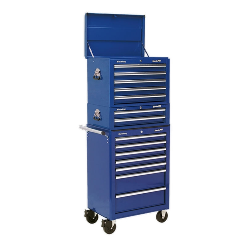 Sealey APSTACKTC Topchest, Mid-Box & Rollcab Combination 14 Drawer with Ball Bearing Slides - Blue