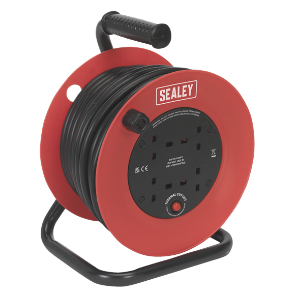 Sealey CR22525 Cable Reel 25m 4 x 230V 2.5mm² Heavy-Duty Thermal Trip