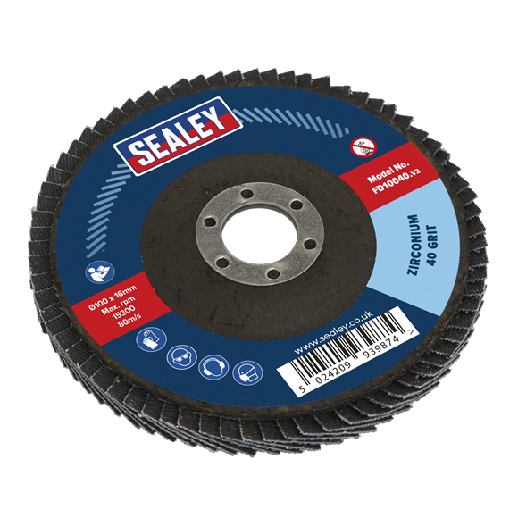 Sealey FD10040 Flap Disc Zirconium Ø100mm Ø16mm Bore 40Grit