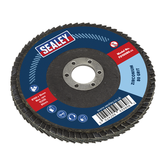 Sealey FD10080 Flap Disc Zirconium Ø100mm Ø16mm Bore 80Grit