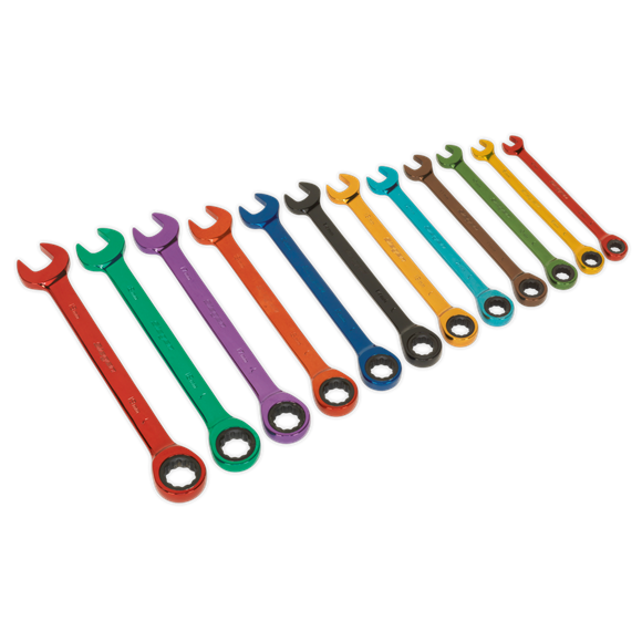 Sealey S01075 Ratchet Combination Spanner Set 12pc Multi-Coloured Metric