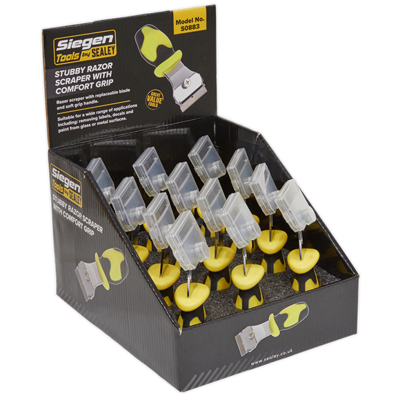 Sealey S0883 Razor Scraper with Comfort Grip Stubby Display Box of 12