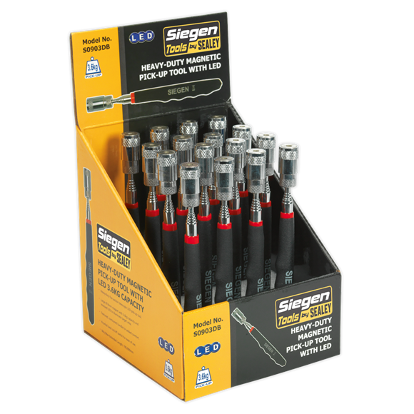 Sealey S0903DB Heavy-Duty Magnetic Pick-Up Tool with LED 3.6kg Capacity Display Box of 16