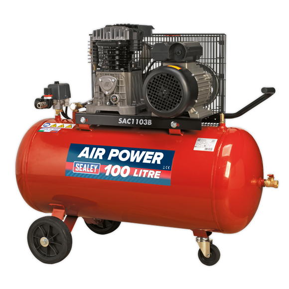 Sealey SAC1103B Air Compressor 100L Belt Drive 3hp with Cast Cylinders & Wheels