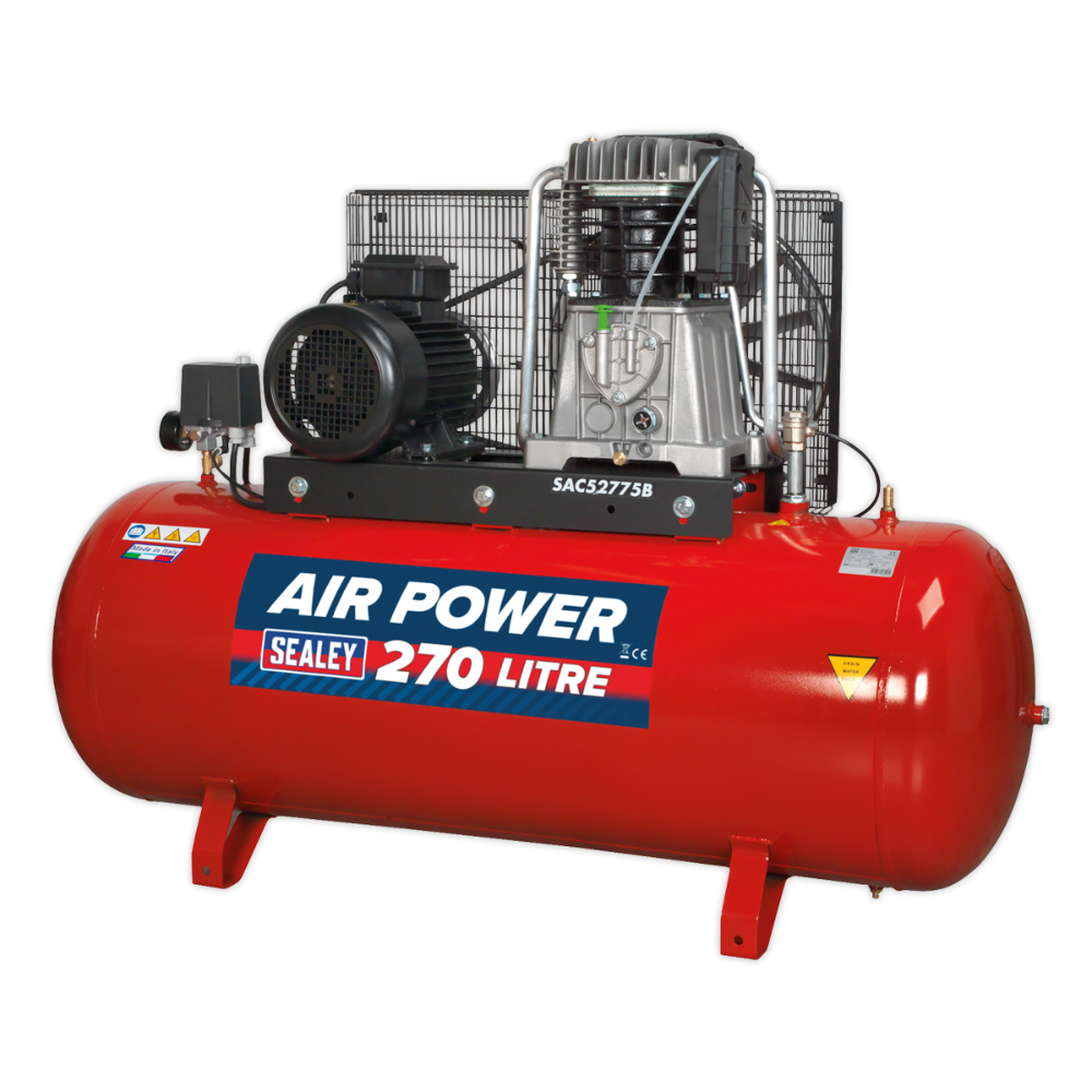 Sealey Air Compressor 270L Belt Drive 7.5hp 3ph 2-Stage with Cast Cylinders