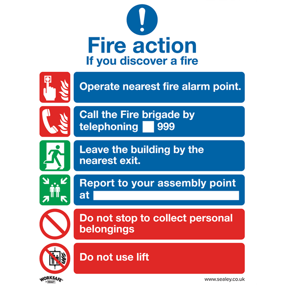 Sealey SS19V1 Safe Conditions Safety Sign - Fire Action With Lift - Self-Adhesive Vinyl