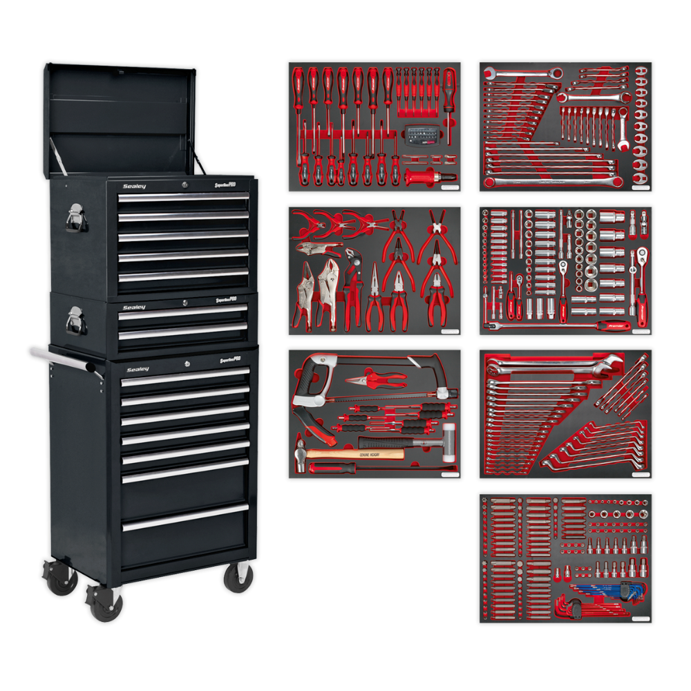 Sealey TBTPCOMBO2 Tool Chest Combination 14 Drawer with Ball-Bearing Slides - Black & 446pc Tool Kit