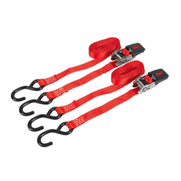 Sealey TD284SD Ratchet Tie Down 25mm x 4m Polyester Webbing with S-Hooks 800kg Breaking Strength - Pair