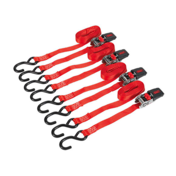 Sealey TD484SD Ratchet Tie Down 25mm x 4m Polyester Webbing with S-Hooks 800kg Breaking Strength - 2 Pairs